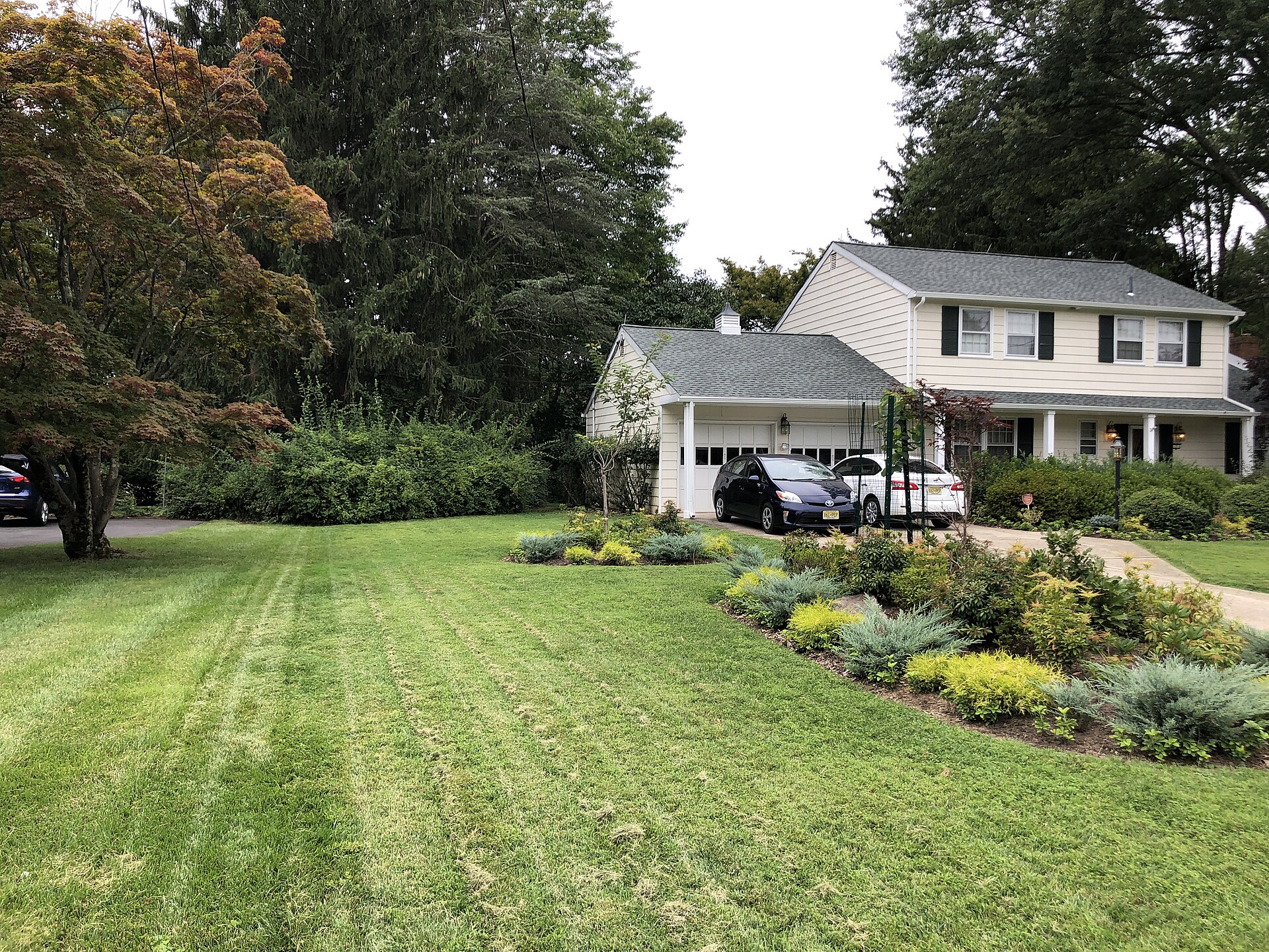 A freshly kept suburban lawn in front of a house